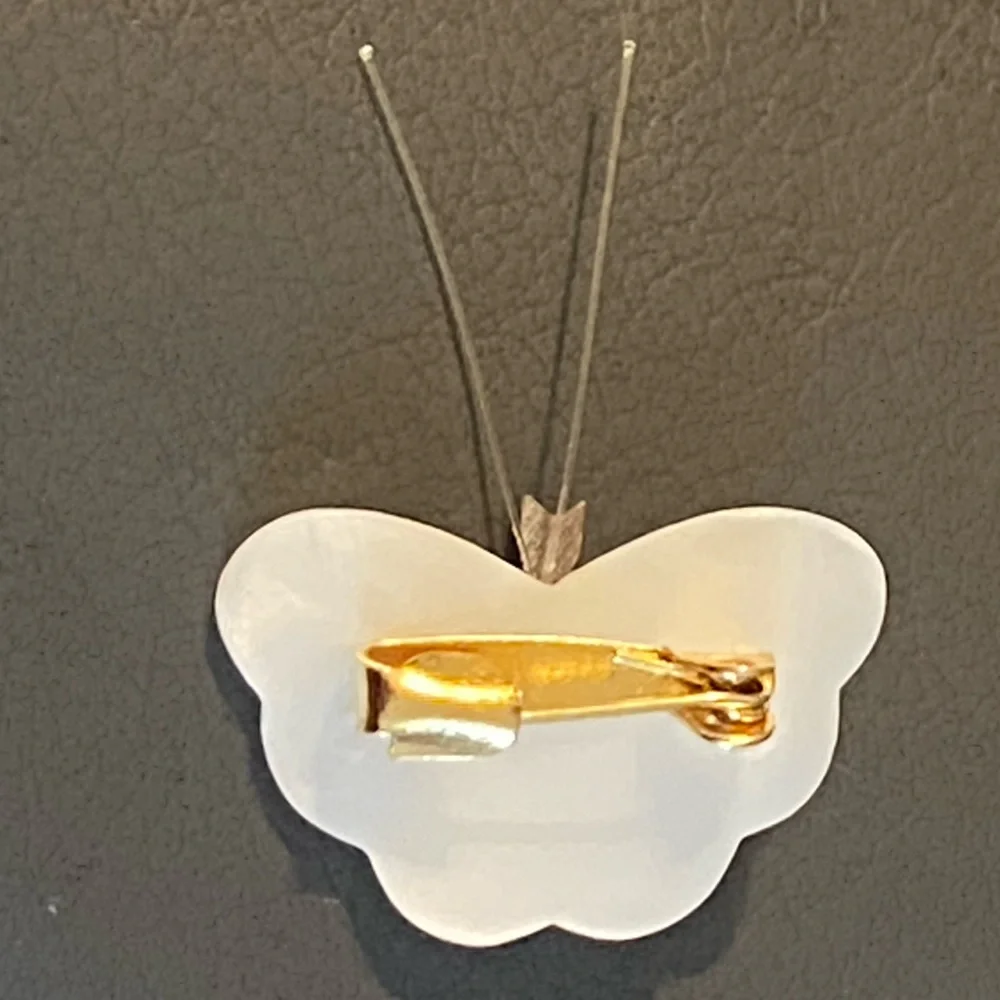 Vintage Set of 2 Butterfly Brooch Gold Metal & Enameled Mother-Of-Pearl